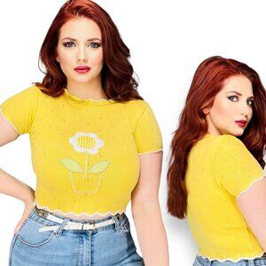 Vintage Y2K Yellow Knit Flower Embroidered  Knit Shirt Top Baby Tee XS - S